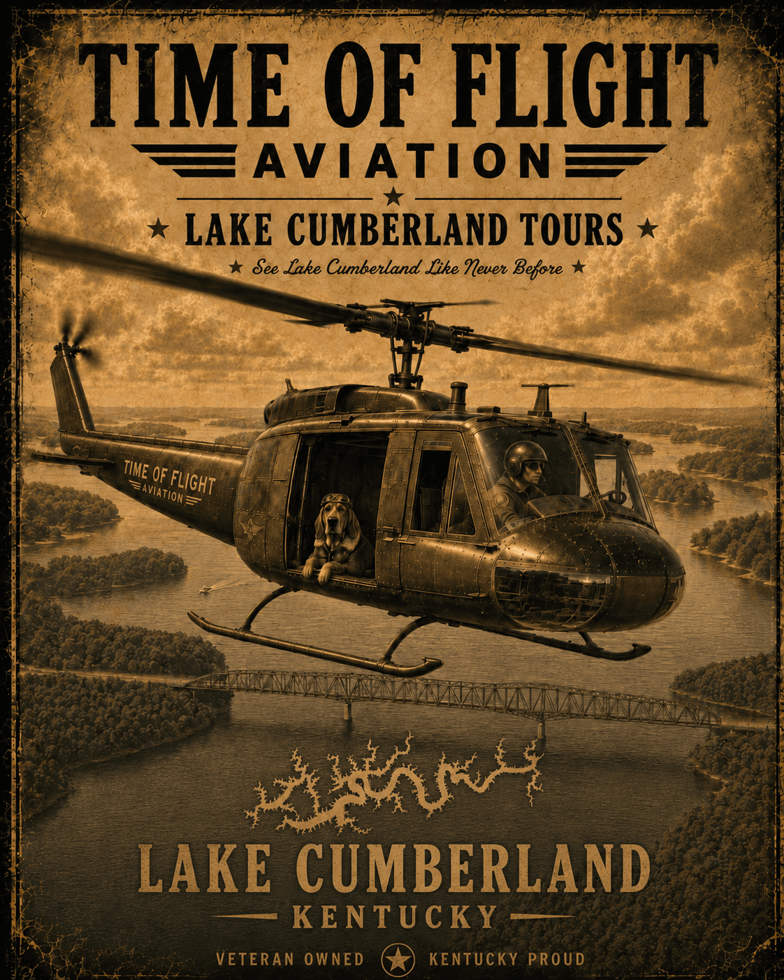 Vintage-style Time of Flight Aviation poster of a helicopter over Lake Cumberland